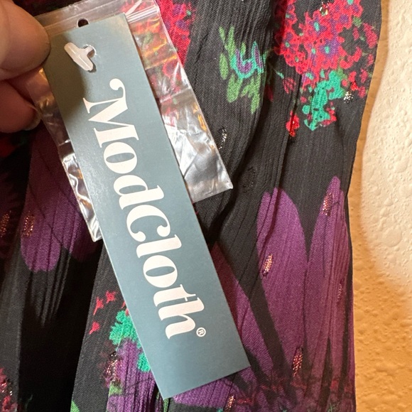 Modcloth Meow Bouquet Pleated Chiffon Midi Skirt Black Floral Button Front 18W - Picture 5 of 13